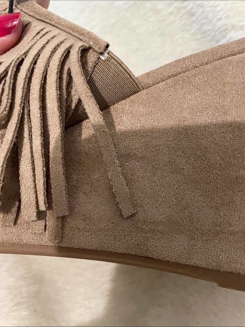 Madden NYC Women's Tan Suede BOHO Fringe Wedge Slides - Picture 14 of 16